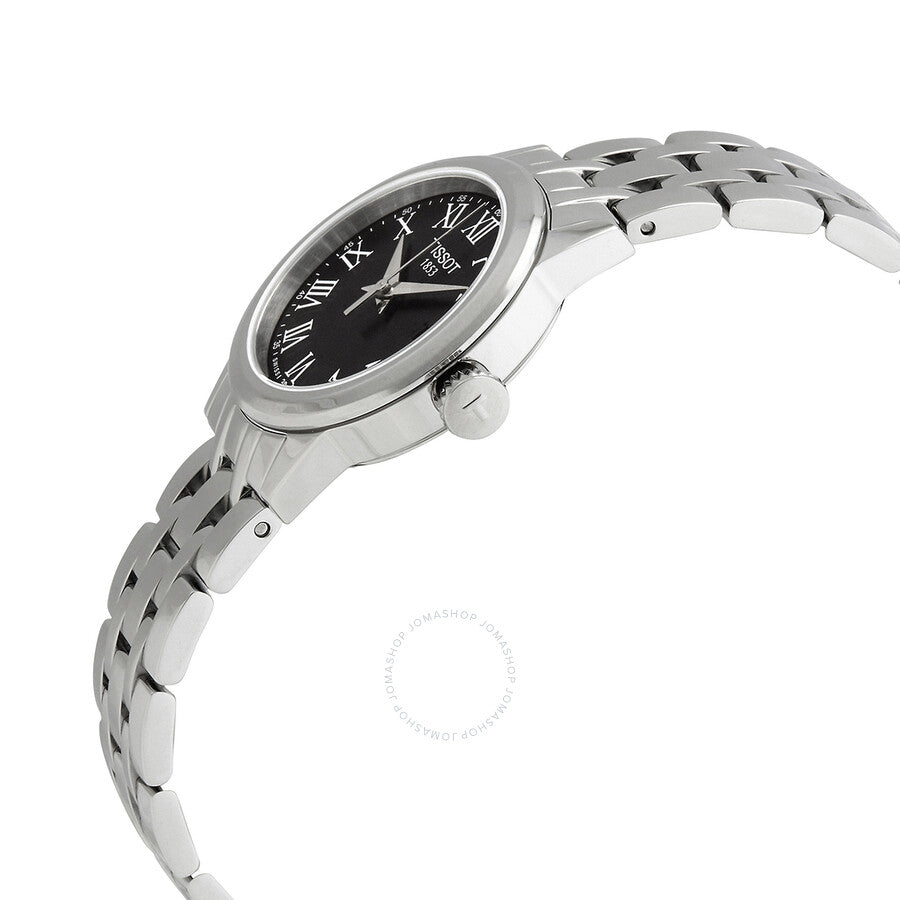 Angled side view of Tissot Classic Dream Lady watch showing stainless steel bracelet and black dial