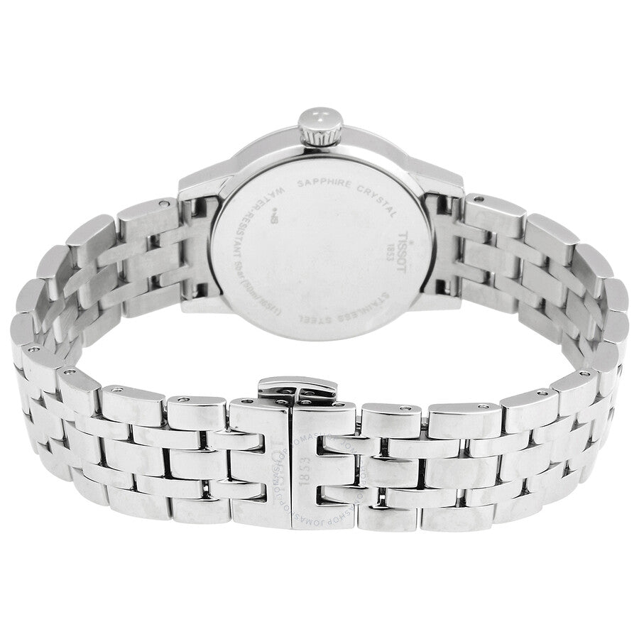 Caseback view of Tissot Classic Dream Lady watch showing stainless steel bracelet and deployment clasp