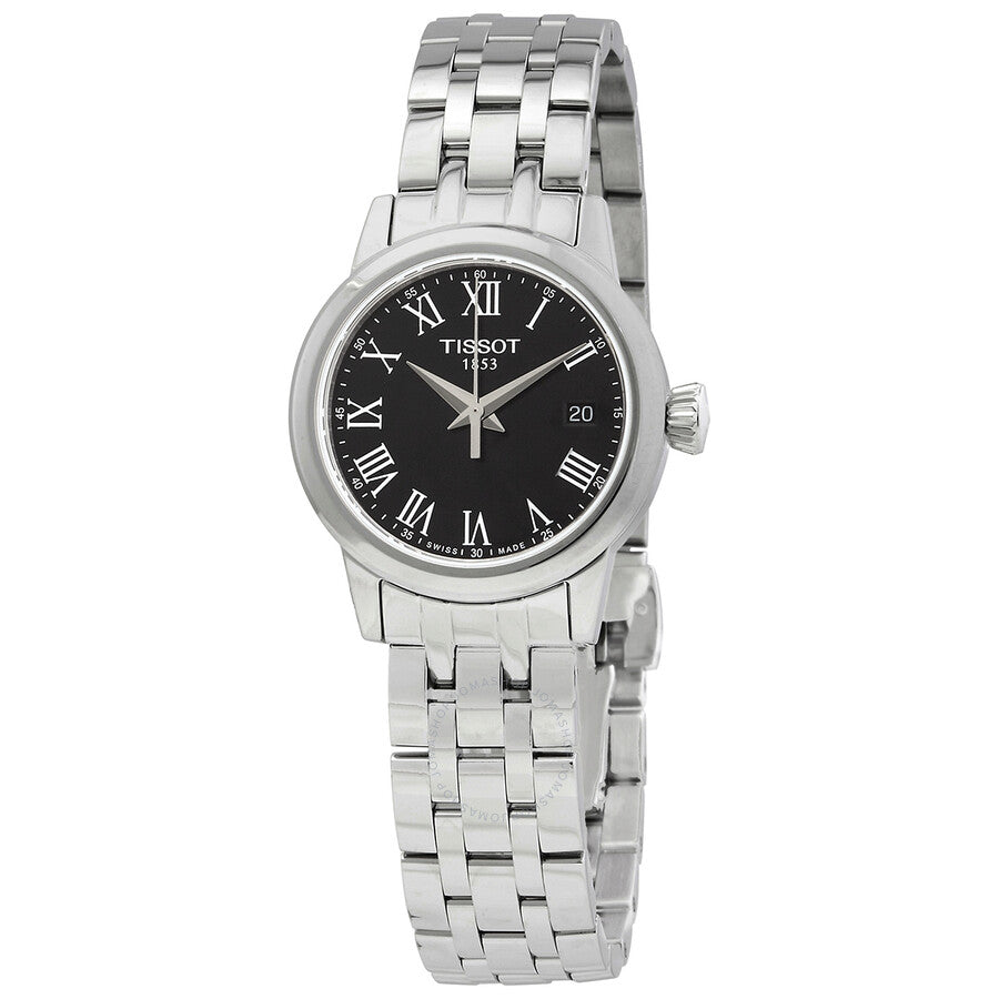 Tissot Classic Dream Lady quartz watch with stainless steel bracelet and black dial with Roman numerals