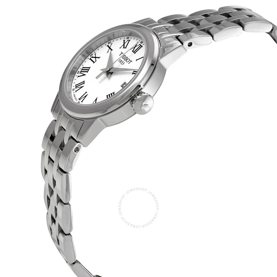 Tissot Classic Dream Lady watch shown at angle with white dial and steel bracelet