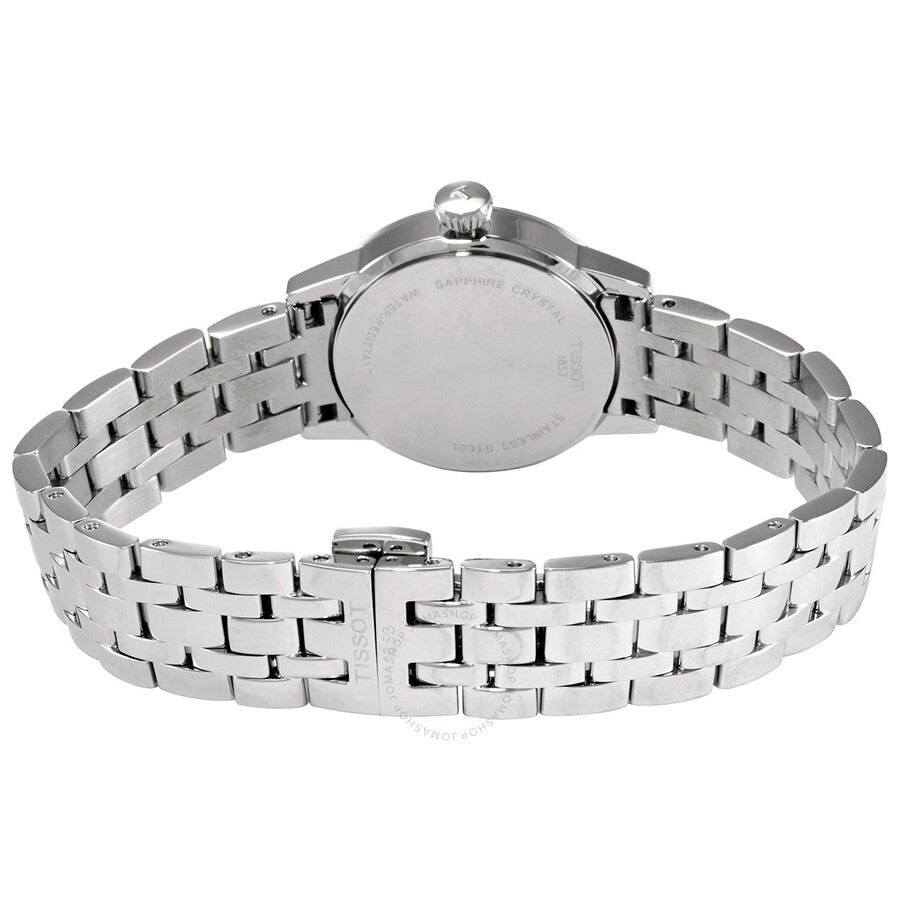 Tissot Classic Dream Lady watch caseback view showing steel bracelet and clasp
