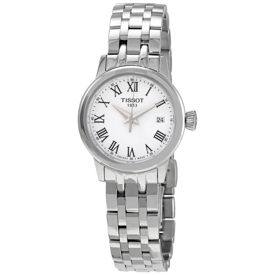 Tissot Classic Dream Lady white dial quartz watch with Roman numerals and steel bracelet
