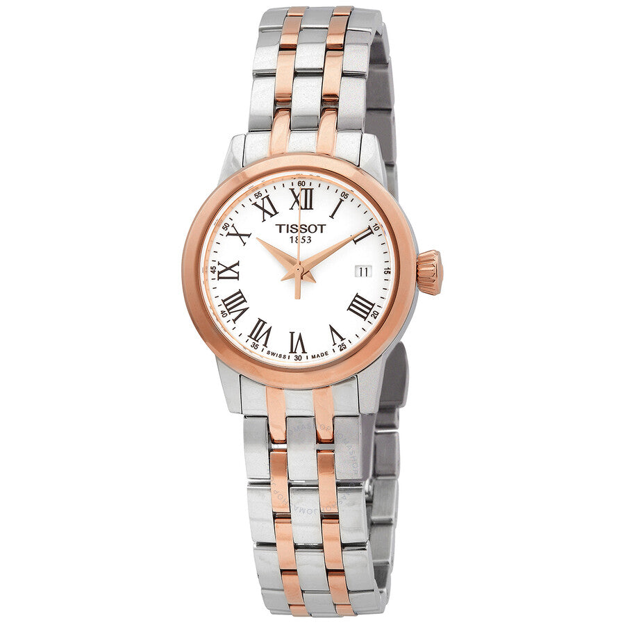 Tissot Classic Dream ladies watch with white dial, rose gold bezel, and two-tone bracelet