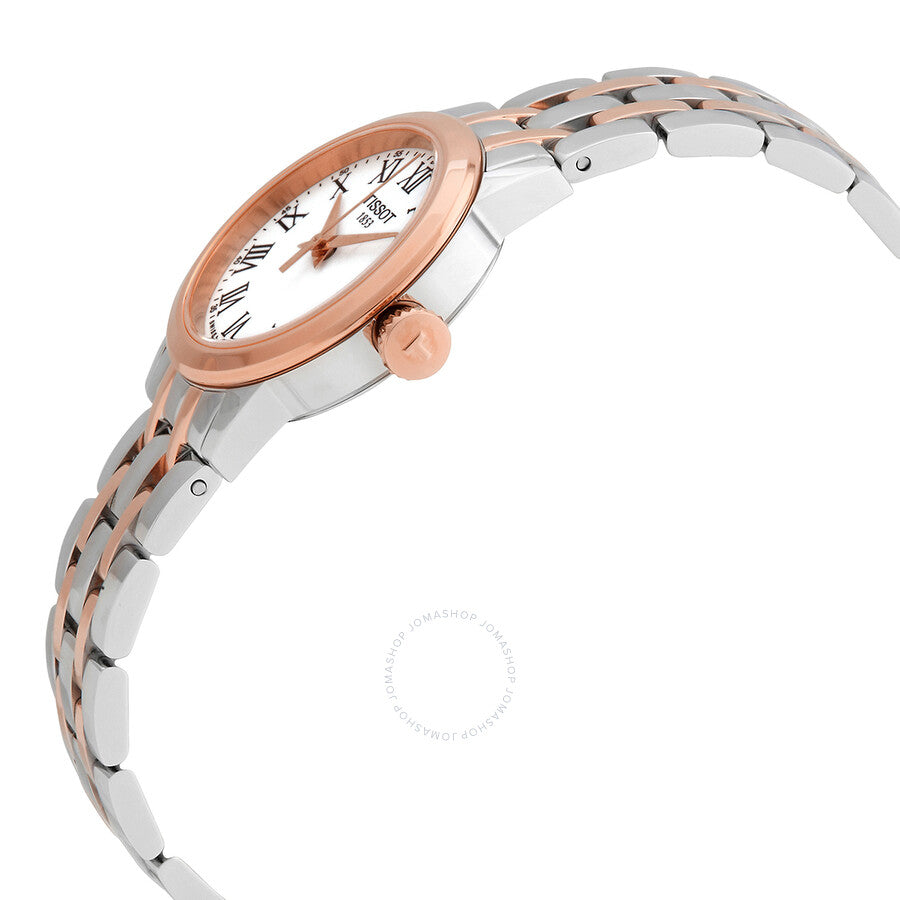 Tissot Classic Dream watch side view showing two-tone rose gold and stainless steel bracelet