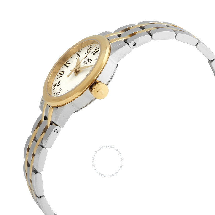 Tissot Classic Dream ladies watch side view showing two-tone bracelet and gold-tone bezel