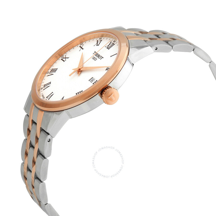 Angled side view of Tissot Classic Dream watch showing white dial and two-tone bracelet