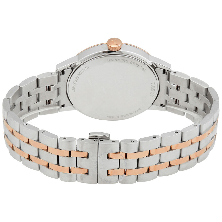 Caseback view of Tissot Classic Dream watch showing two-tone stainless steel and rose gold bracelet