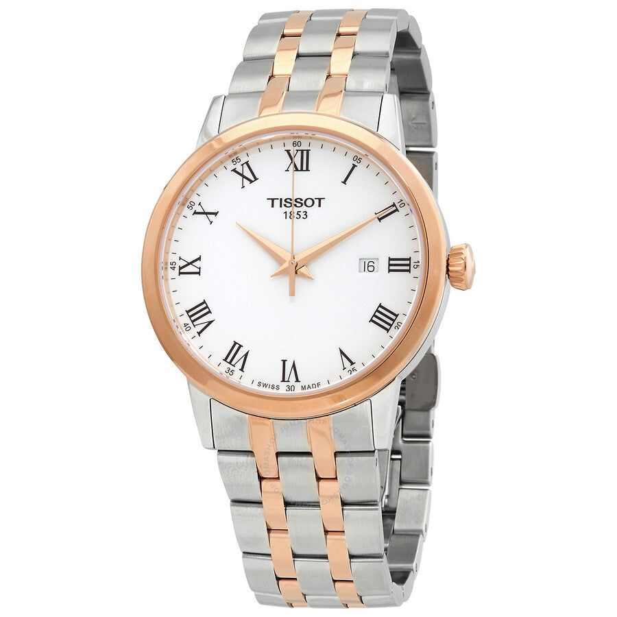Tissot Classic Dream men's watch with white dial, Roman numerals, two-tone steel and rose gold bracelet