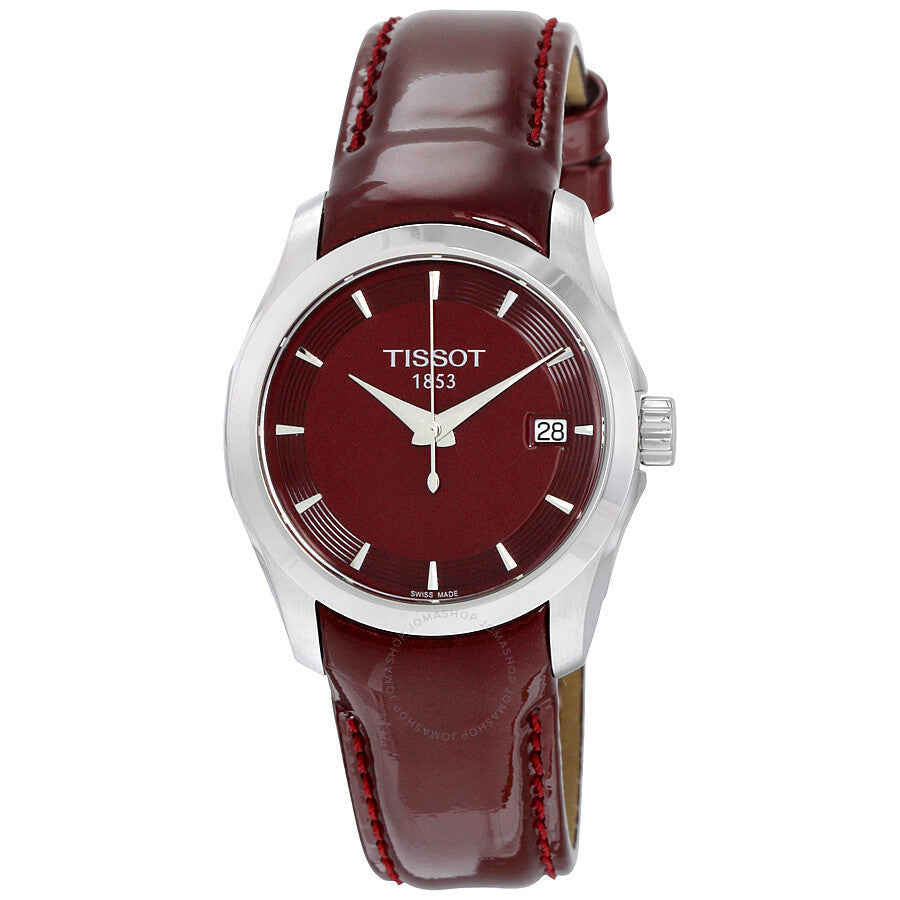 Tissot Couturier ladies watch with burgundy dial and white stainless steel case