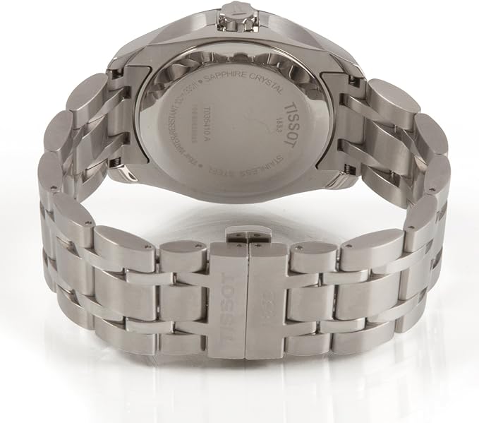 Tissot Couturier caseback showing stainless steel case and bracelet construction