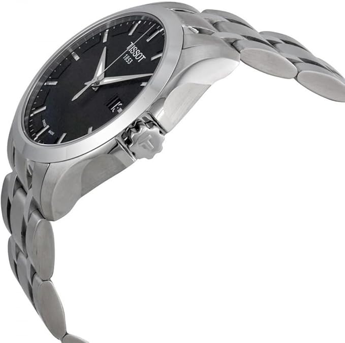 Tissot Couturier watch displayed at angle showing case profile and stainless steel strap