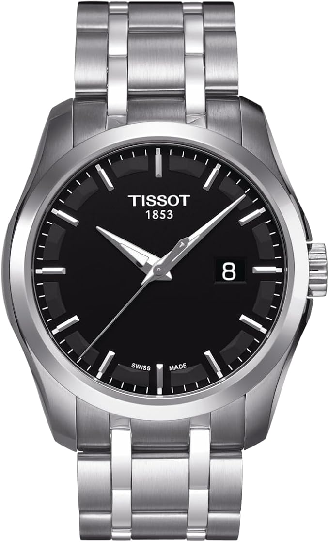 Tissot Couturier quartz watch with black dial, date window, and stainless steel bracelet