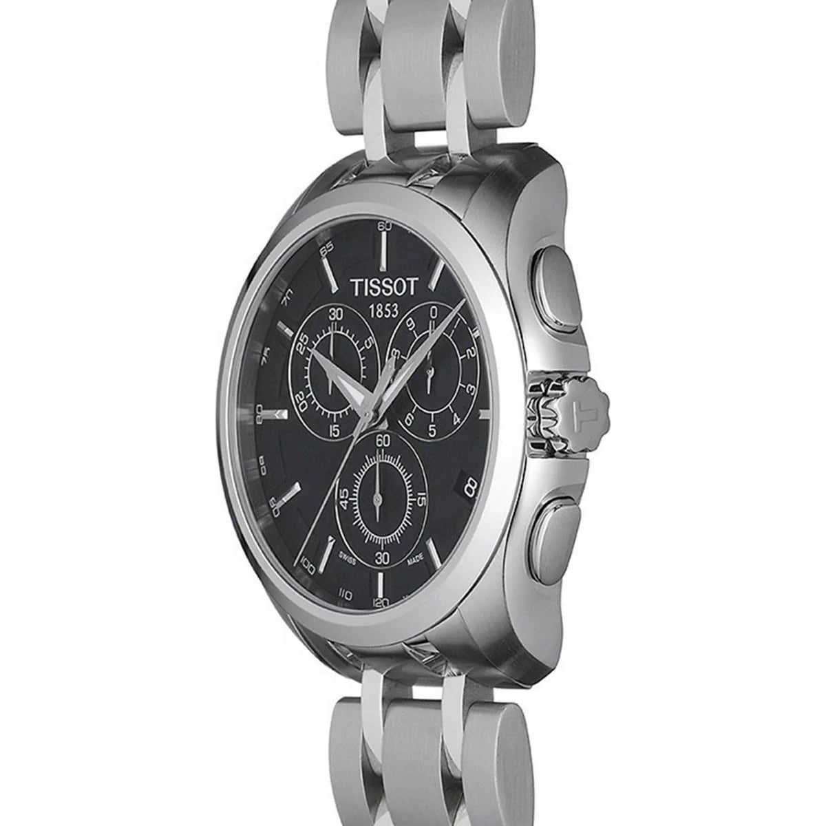 Tissot Couturier chronograph watch side angle view, showing case profile and stainless steel bracelet