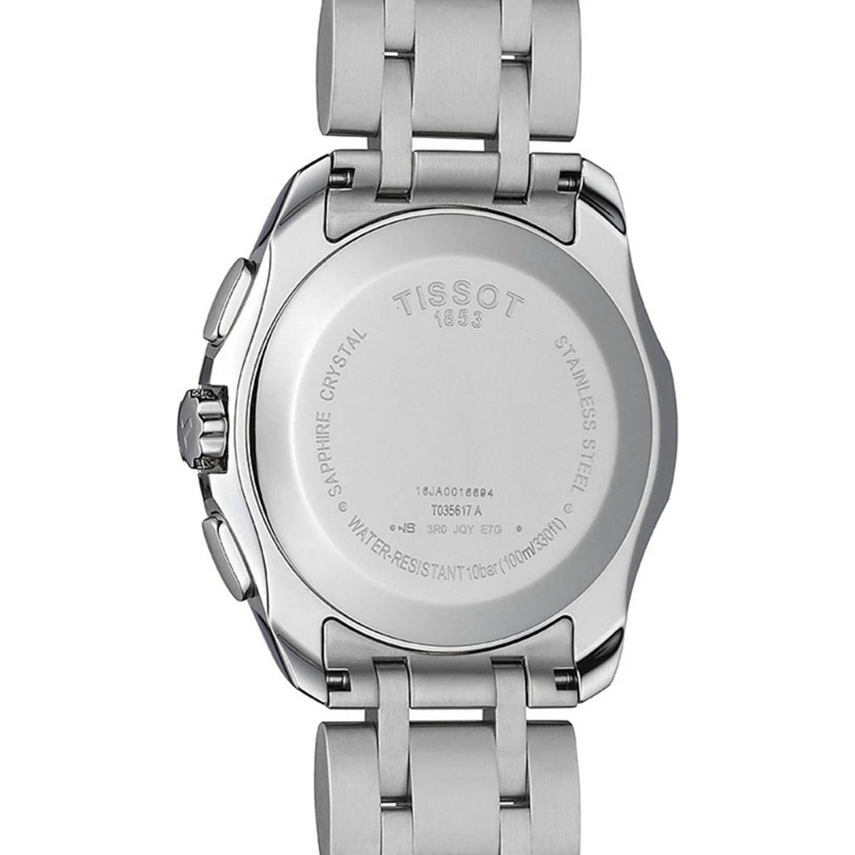 Tissot Couturier caseback showing stainless steel exhibition case back with engraved text and specification details