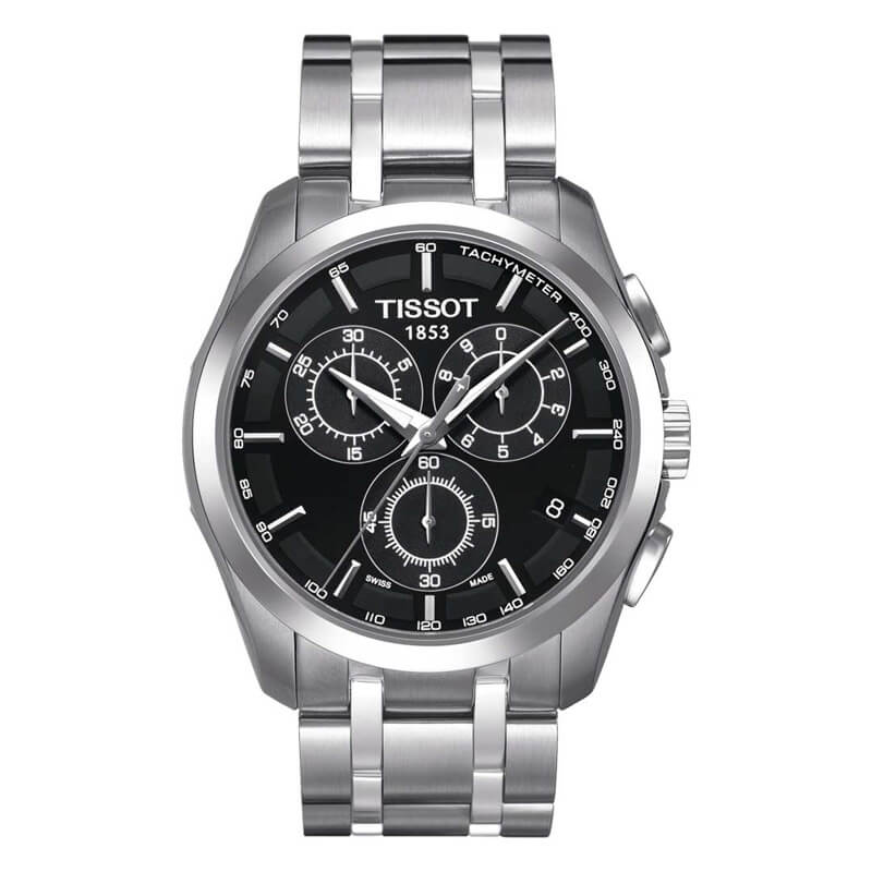 Tissot Couturier chronograph watch with black dial and three subdials, stainless steel case and bracelet