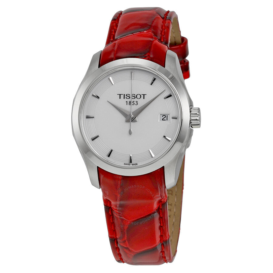 Tissot Couturier white dial watch with red leather strap