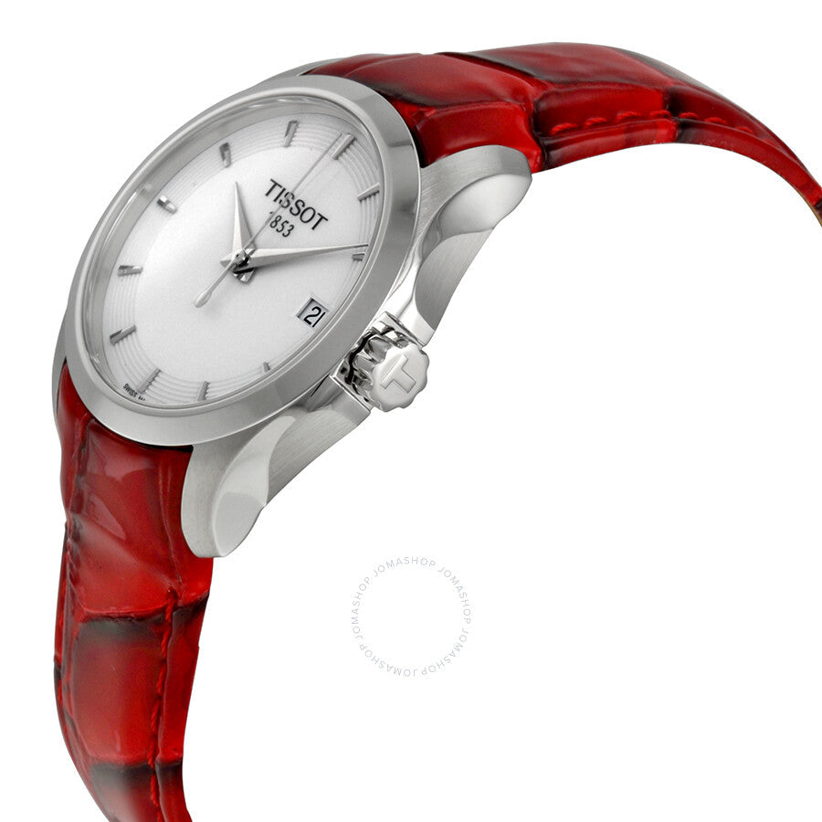 Tissot Couturier watch side view showing red crocodile leather strap