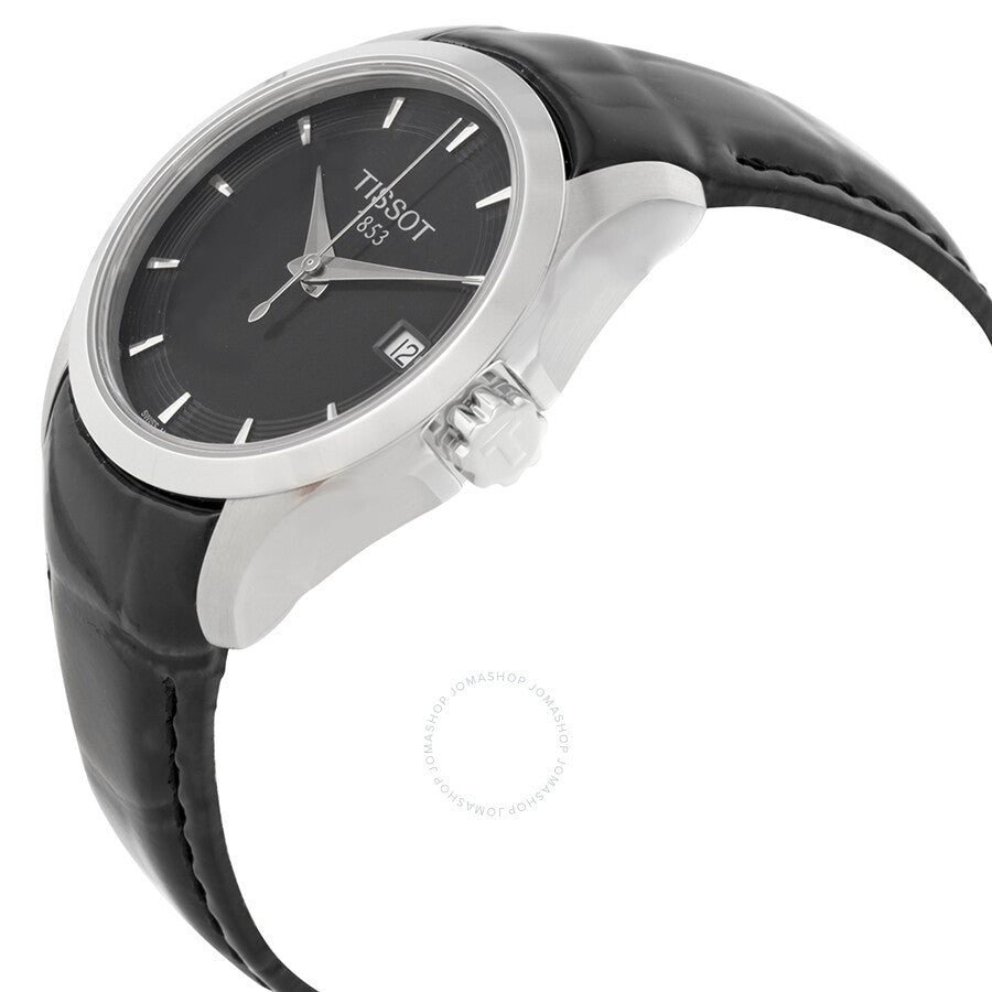Tissot Couturier ladies watch angled view showing stainless steel case and black leather strap