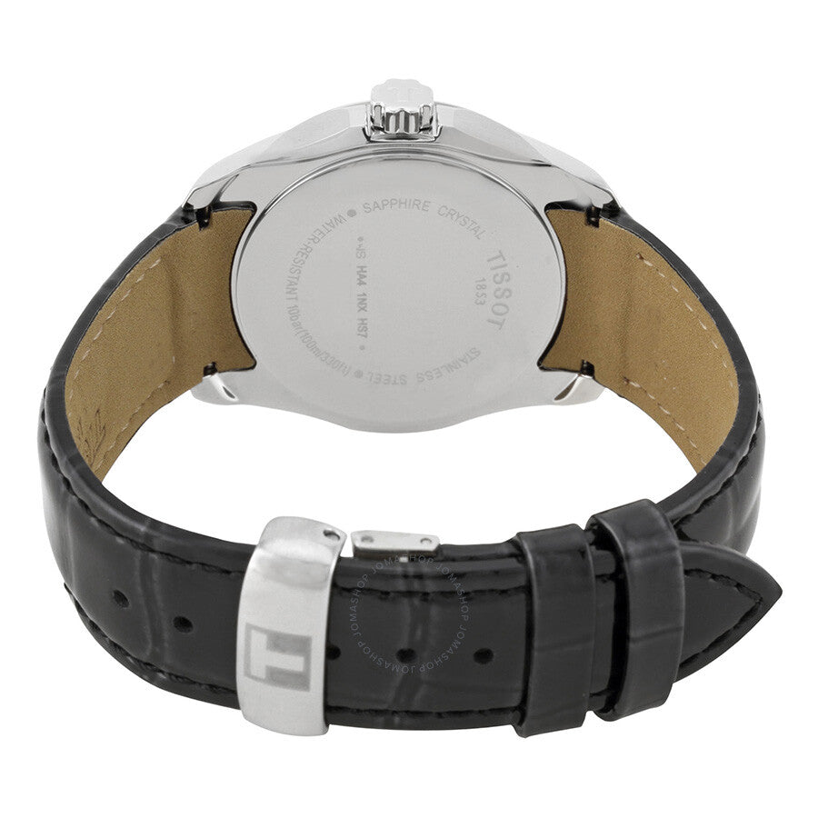 Tissot Couturier ladies watch case back showing stainless steel case and black crocodile leather strap
