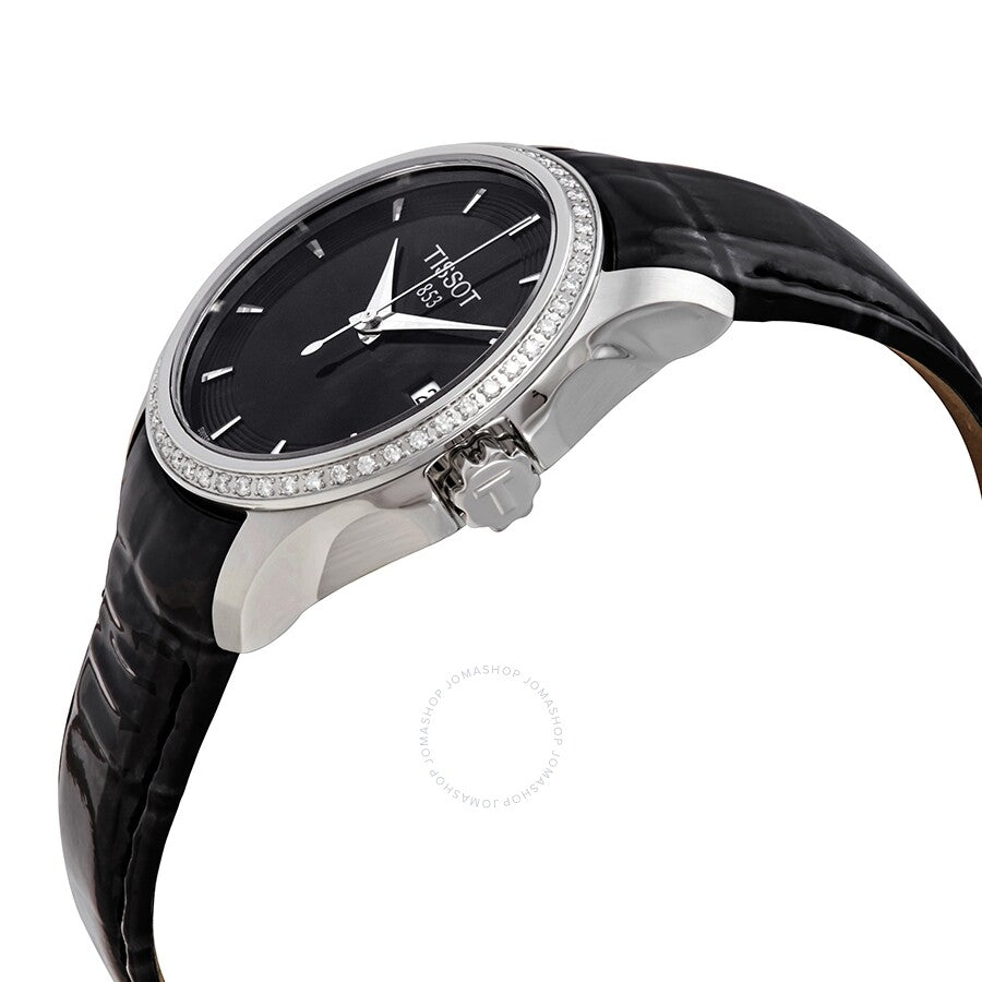 Tissot Couturier watch angled view showing black dial with diamond bezel and leather strap