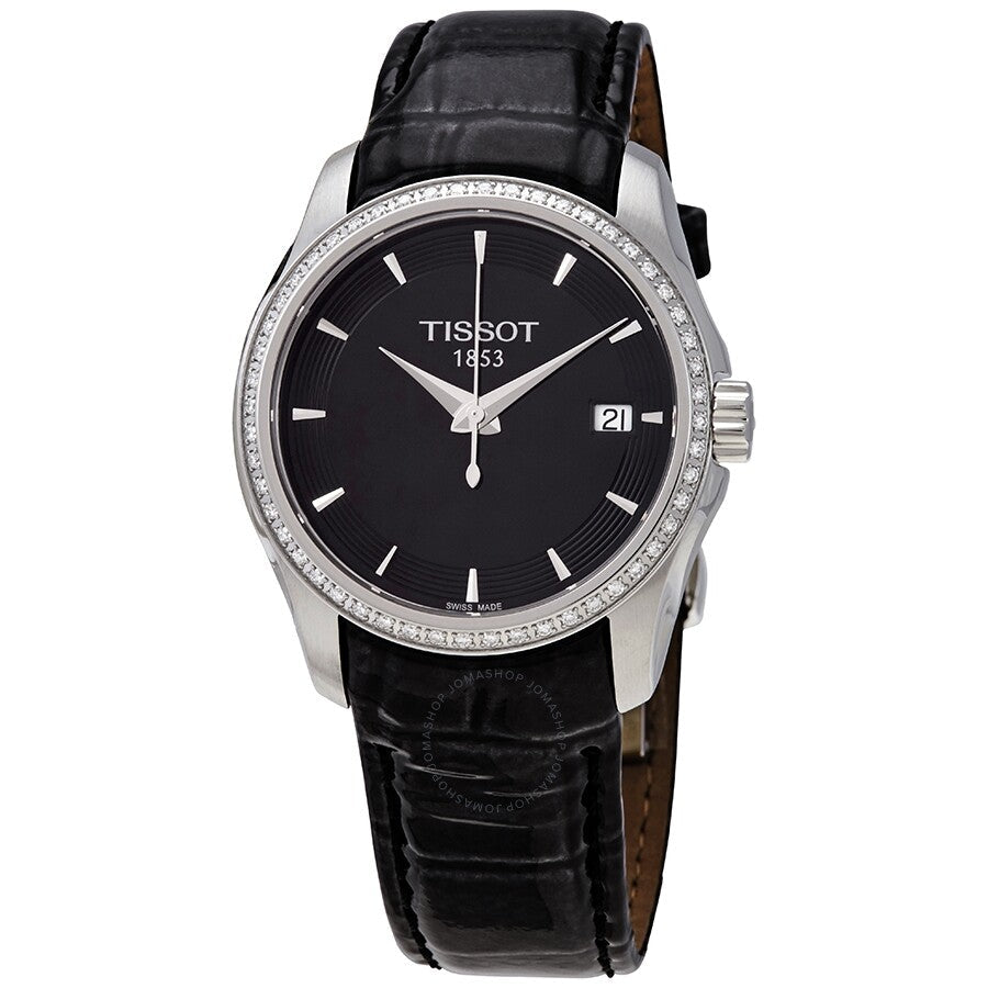 Tissot Couturier black dial diamond ladies watch with stainless steel case and black leather strap