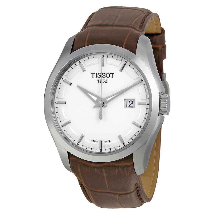 Tissot Couturier men's watch with silver case, white dial, and brown leather strap