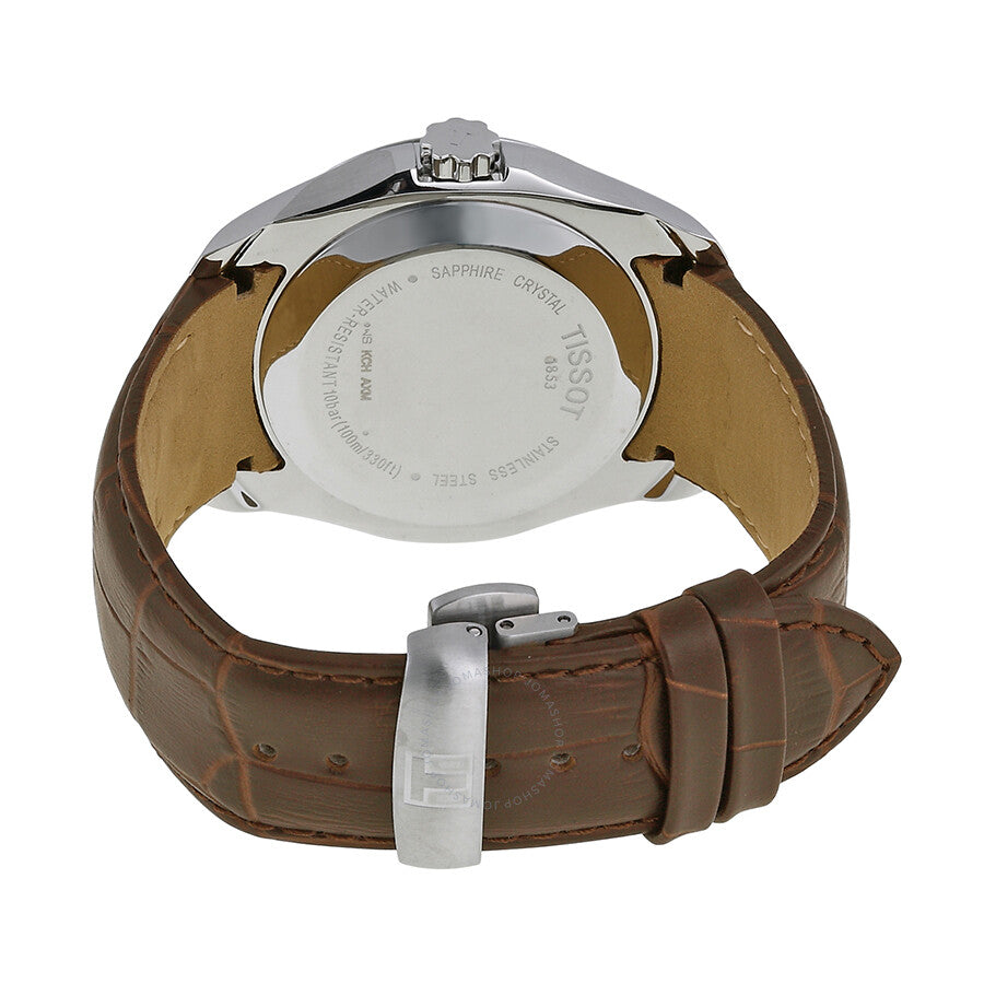 Tissot Couturier watch caseback showing sapphire crystal and engraved case with brown leather strap