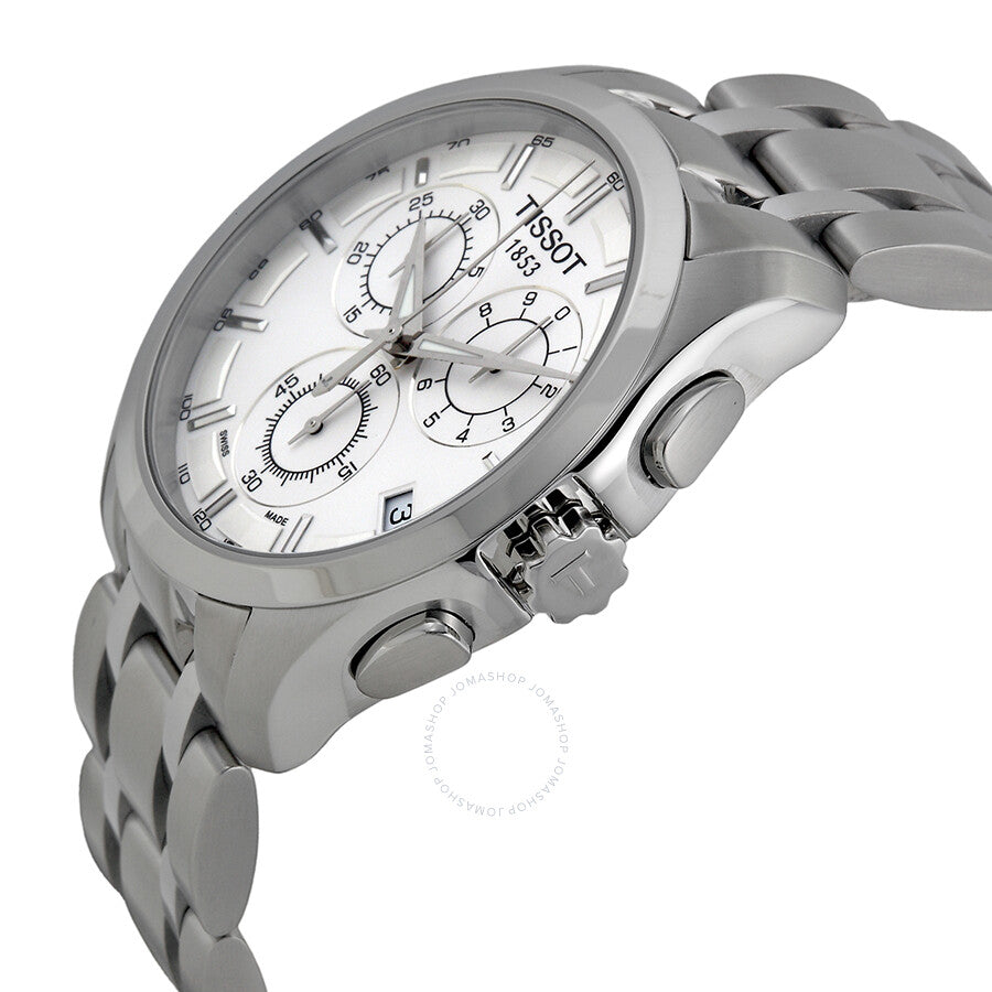 Tissot Couturier watch angled side view showing case and stainless steel bracelet