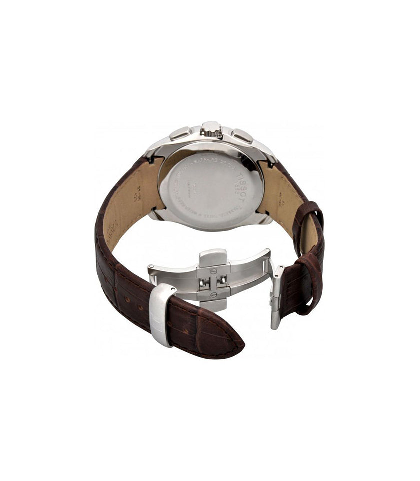 Caseback view of Tissot Couturier chronograph with brown leather strap