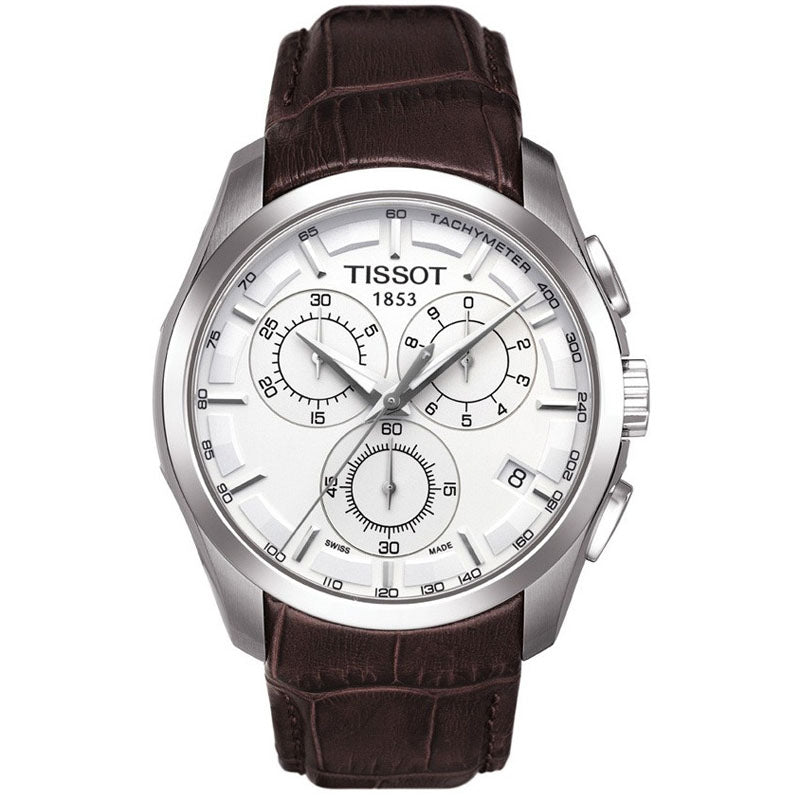 Tissot Couturier chronograph men's watch with silver dial and brown leather strap