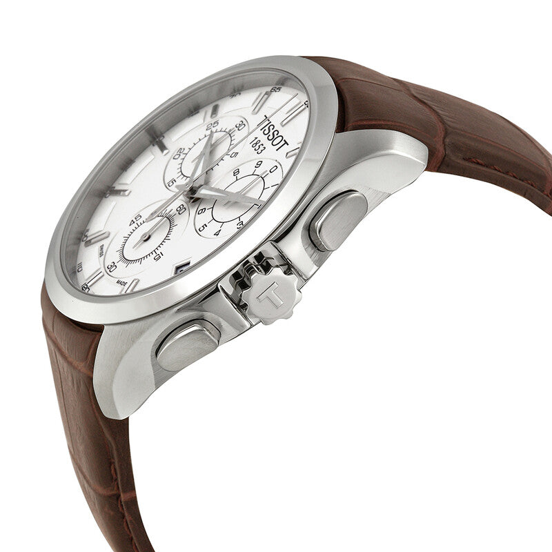 Side profile of Tissot Couturier chronograph showing case and brown leather strap