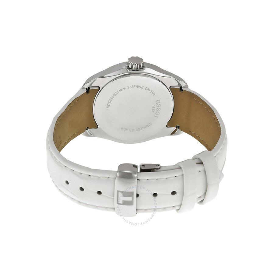 Caseback of Tissot Couturier ladies watch displaying engraved text and white leather strap
