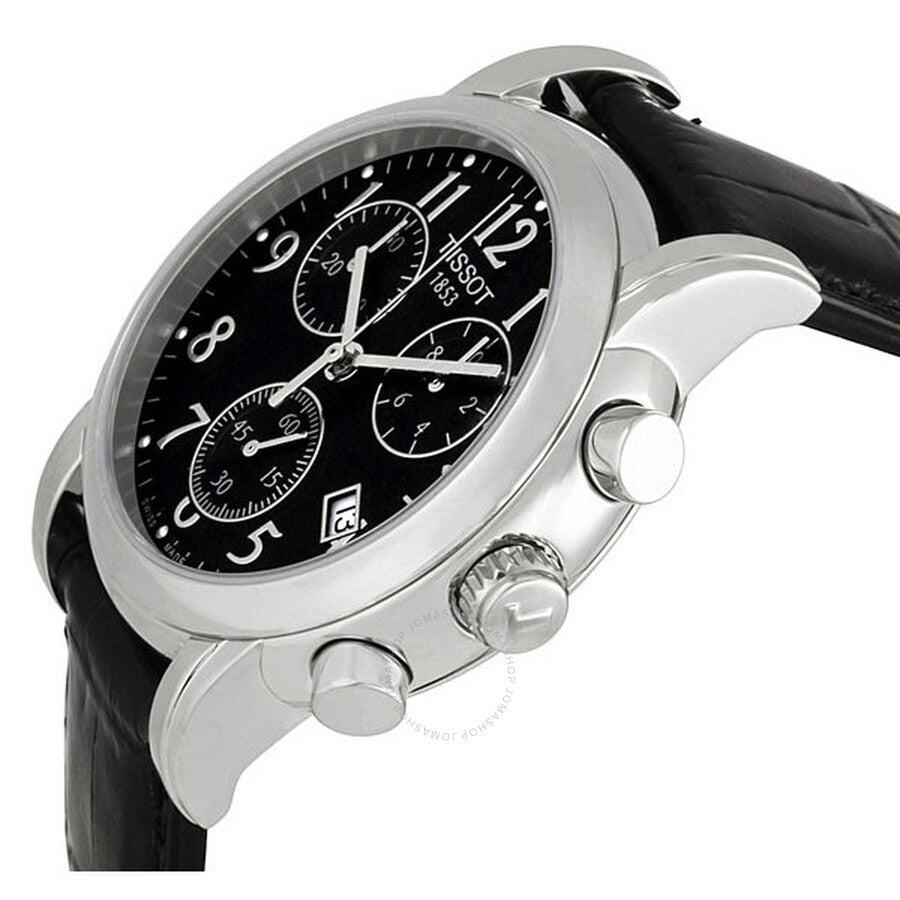 Side angled view of Tissot chronograph watch showing white hands, subdials, and steel case profile