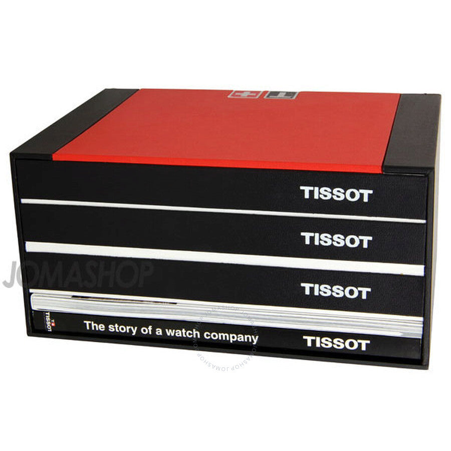 Tissot watch box set showing red lid and black layers with Tissot branding and company history text