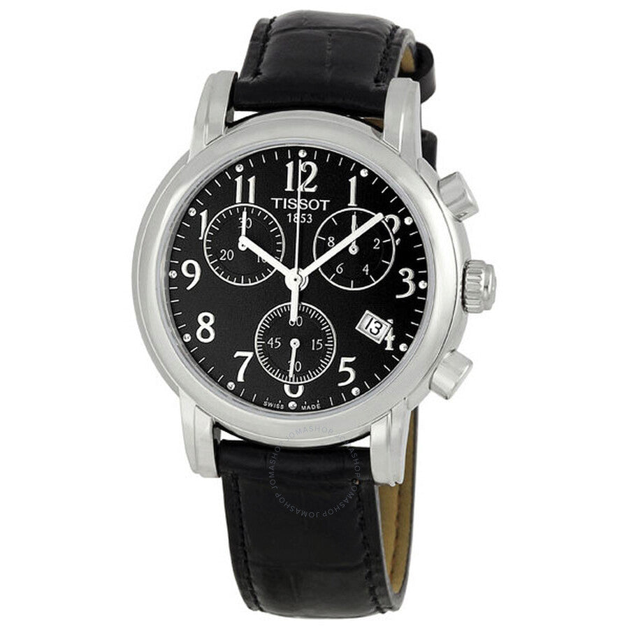 Tissot Dress Sport Chronograph ladies watch with stainless steel case, black dial, and black leather strap