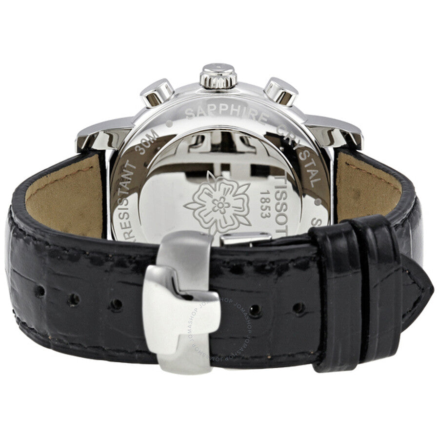 Tissot Dressport caseback showing sapphire crystal and movement details with black leather strap