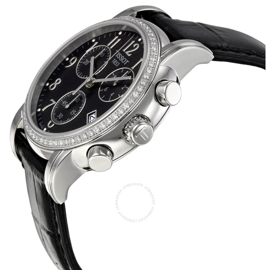 Tissot Dressport chronograph side view showing stainless steel case and black leather strap