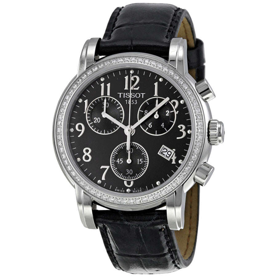 Tissot Dressport chronograph ladies watch with black dial, diamond bezel, and black leather strap