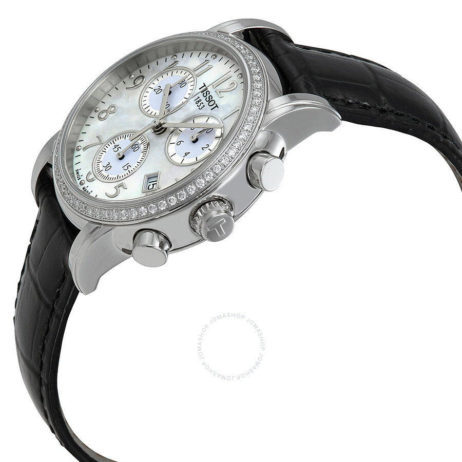 Tissot Dressport chronograph watch three-quarter view showing case profile and black leather strap