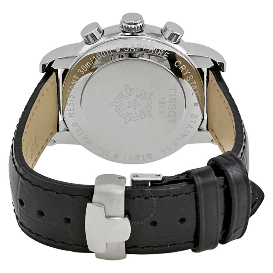 Tissot Dressport chronograph watch caseback showing Tissot branding and engraved Fleur de Lis logo