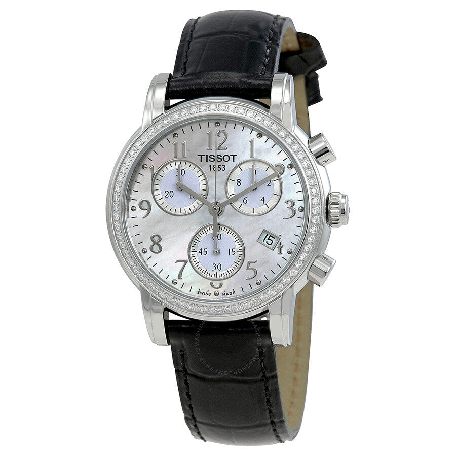 Tissot Dressport chronograph ladies watch with silver dial, diamond bezel, black leather strap