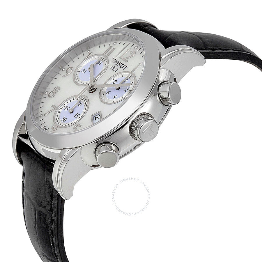 Side angle view of Tissot Dressport Chronograph with stainless steel case and chronograph pushers