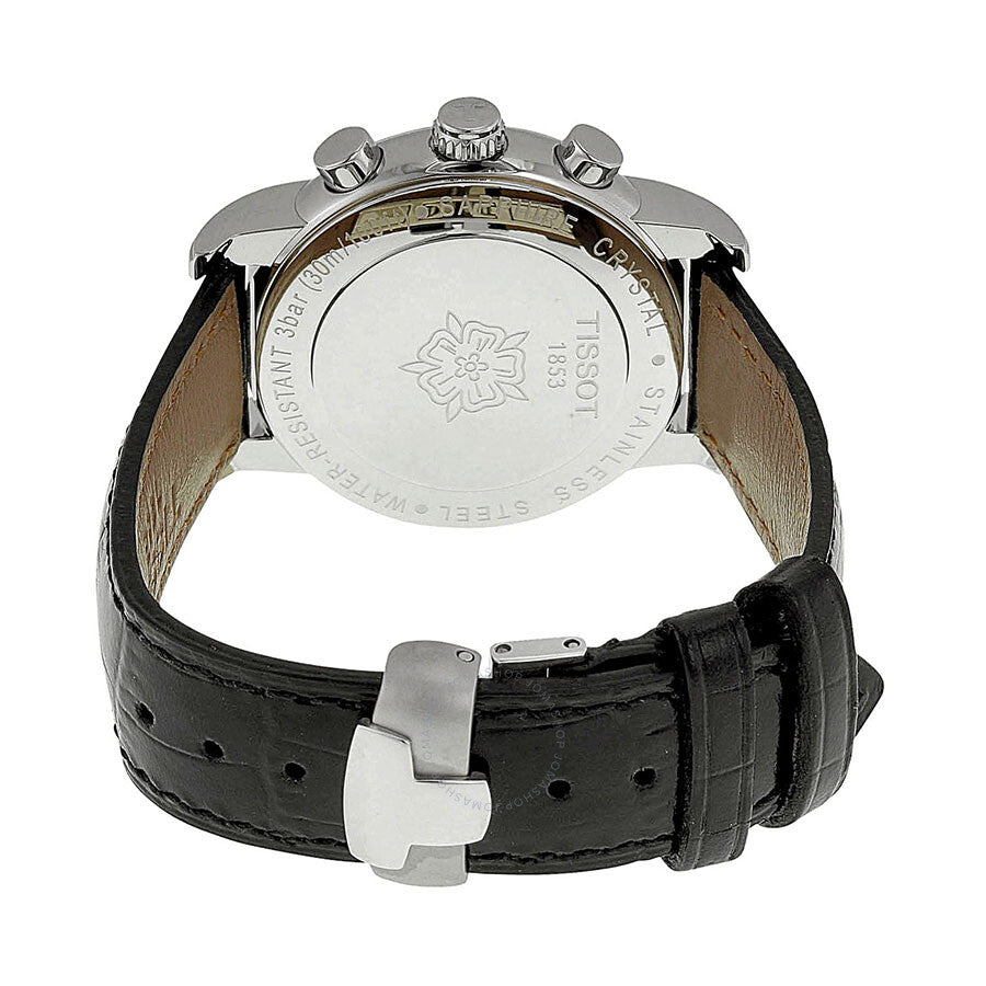 Tissot Dressport Chronograph caseback with engraved logo and crocodile-embossed black leather strap