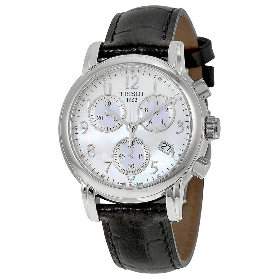Tissot Dressport Chronograph ladies watch with mother-of-pearl dial and black leather strap