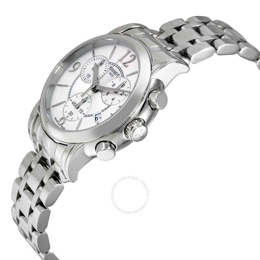 Tissot Dressport Chronograph ladies chronograph watch with silver dial at three-quarter angle