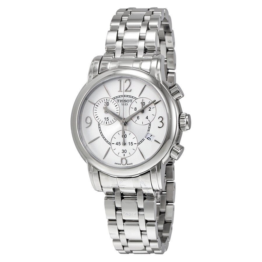 Tissot Dressport Chronograph ladies watch with silver dial and stainless steel bracelet, front view