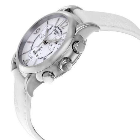 Tissot Dressport watch angled side view with white leather strap