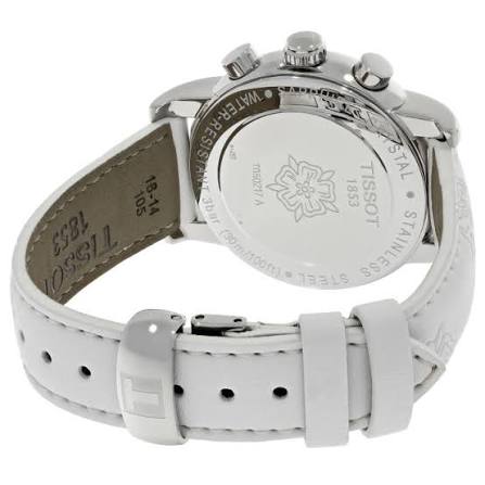Tissot Dressport chronograph watch from three-quarter view with white leather strap