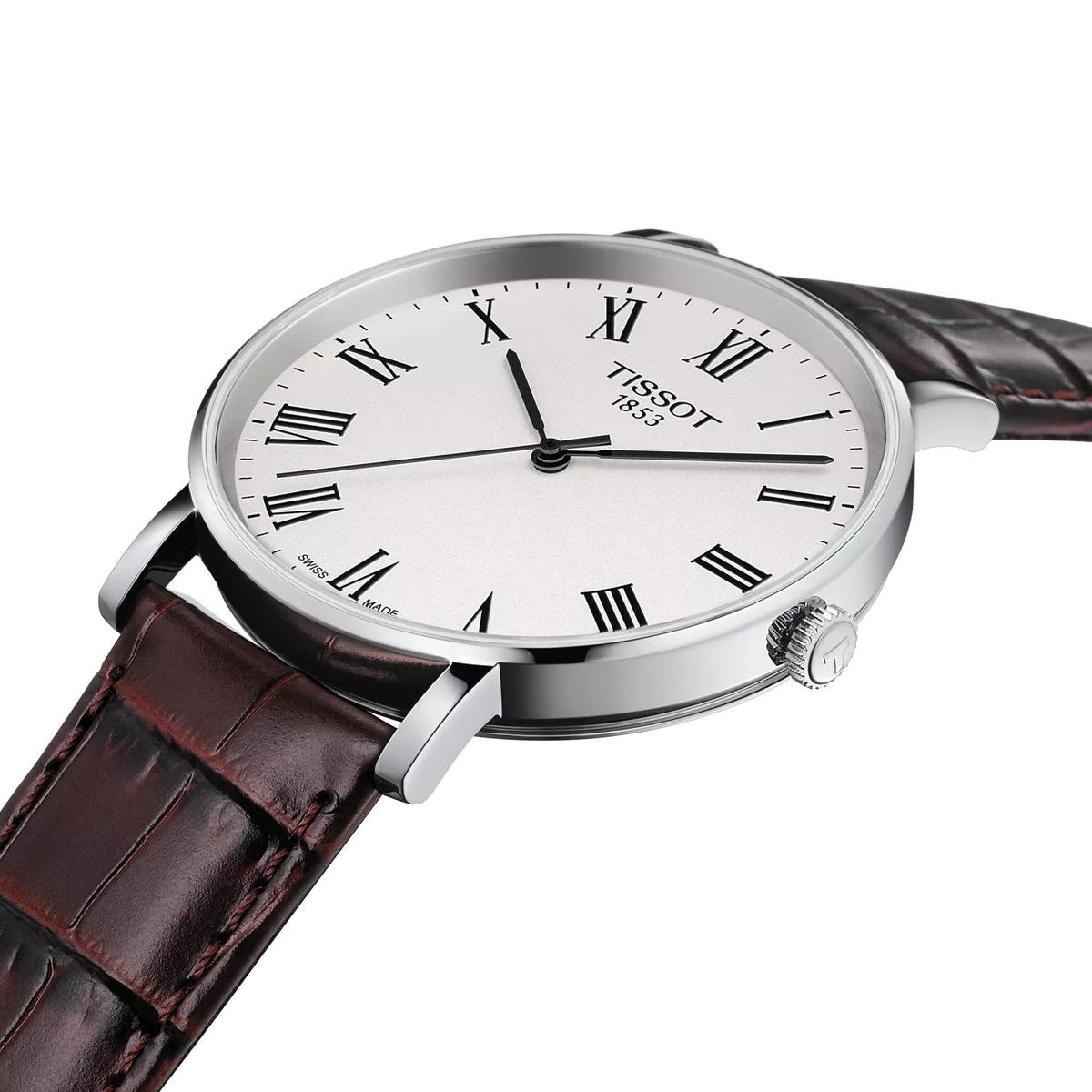 Tissot Everytime dial detail with Roman numerals and silver background