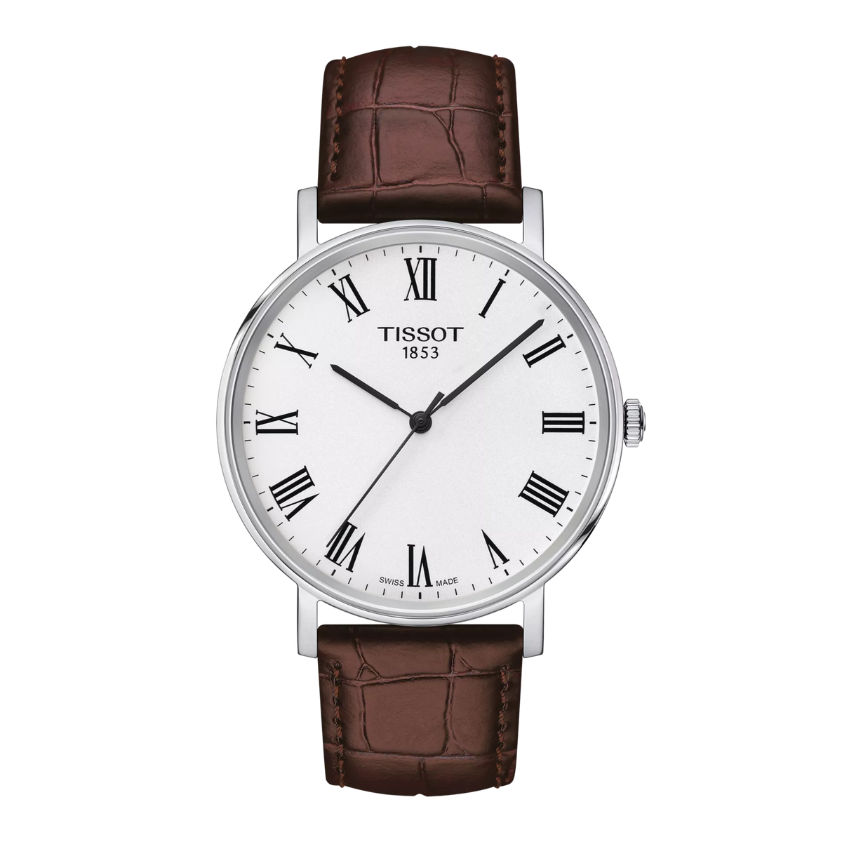 Tissot Everytime Medium watch with silver dial and brown leather strap